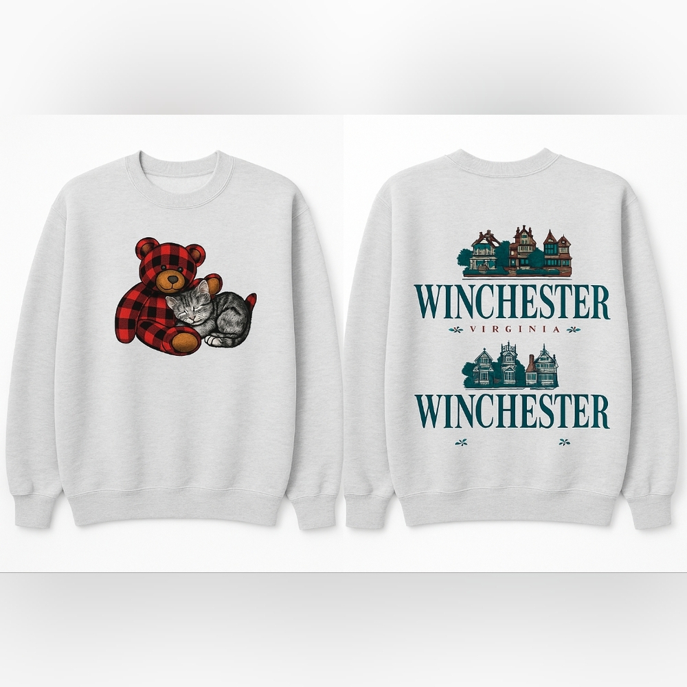 🐻Vintage 90s Sweatshirt – Plaid Teddy & Kitten Front / Winchester Virginia Back - Picture 1 of 7